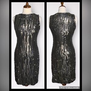 Eva Varro Silver Seqins Black Stretch Bodycon Sleeveless High Neck Dress M NWT